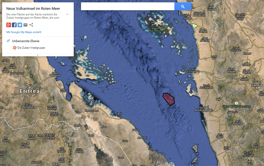Die rote Fläche auf der Karte markiert die Zubair-Inselgruppe im Roten Meer. (Quelle: www.google.com/maps)