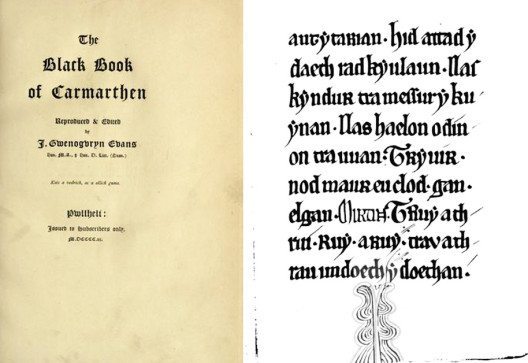 Das Schwarze Buch von Carmarthen die älteste noch erhaltene, ausschliesslich auf Walisisch verfasste Handschrift. (Bild links: openlibrary.org, Wikimedia, public domain; Bild rechts: William Forbes Skene, Wikimedia, public domain)