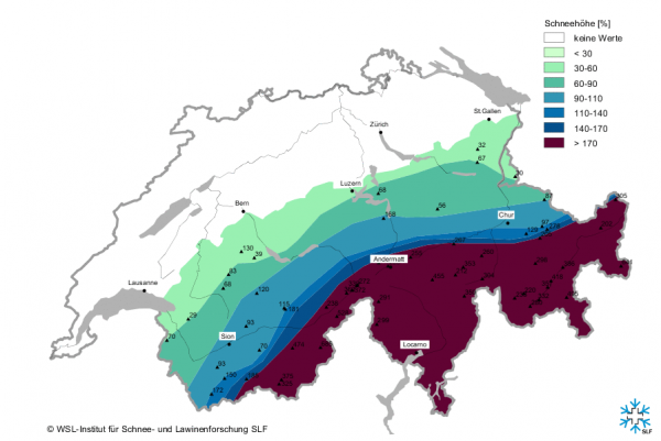 Schneehöhe im Vergleich zum langjährigen Mittel, Stand heute Morgen. (Quelle: SLF)