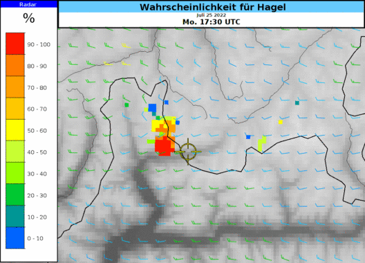 Prognostizierte Windfiedern (4000 m ü.M.) und Wahrscheinlichkeit für Hagel (abgeleitet aus Radardaten). 
