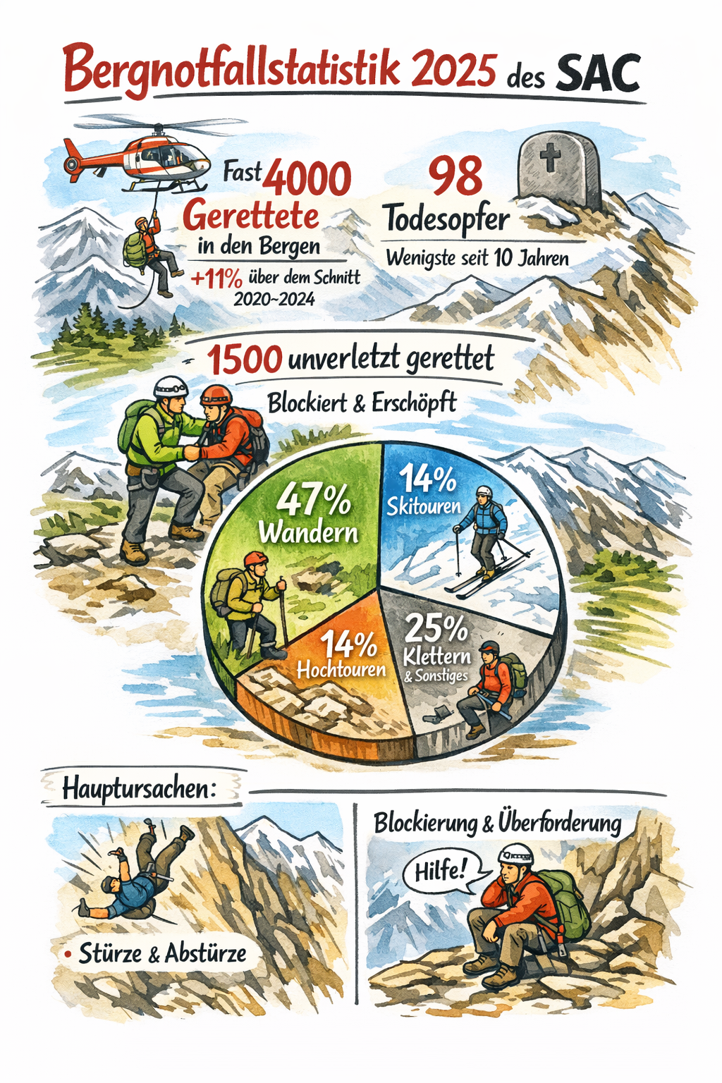 Schweiz: Fast 4’000 Rettungen im Jahr 2025 – weniger Tote, aber mehr erschöpfte Berggänger