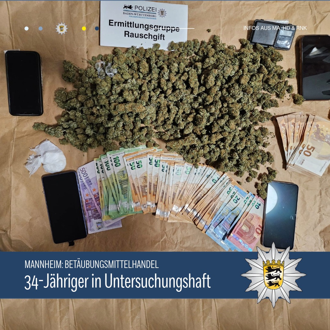 Mannheim, BW: Drogenhandel in Innenstadt aufgedeckt – Tunesier (34) in Haft