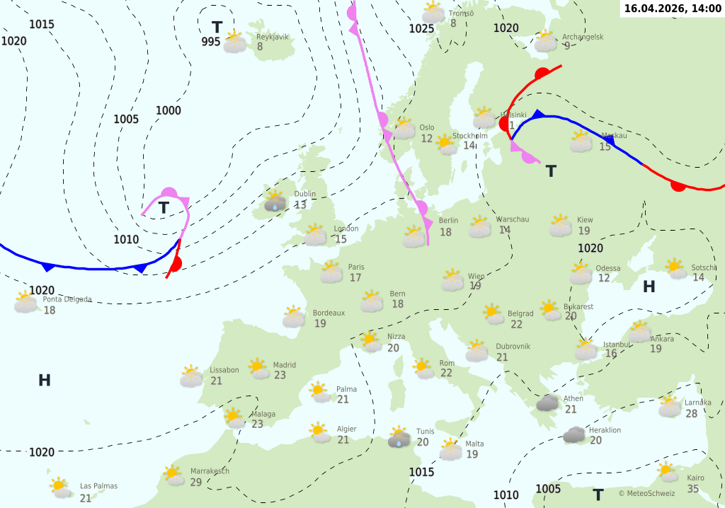 Wetter am Donnerstag, 16.04.2026: Sonnig, lokal Nebel am Morgen, bis 24 Grad