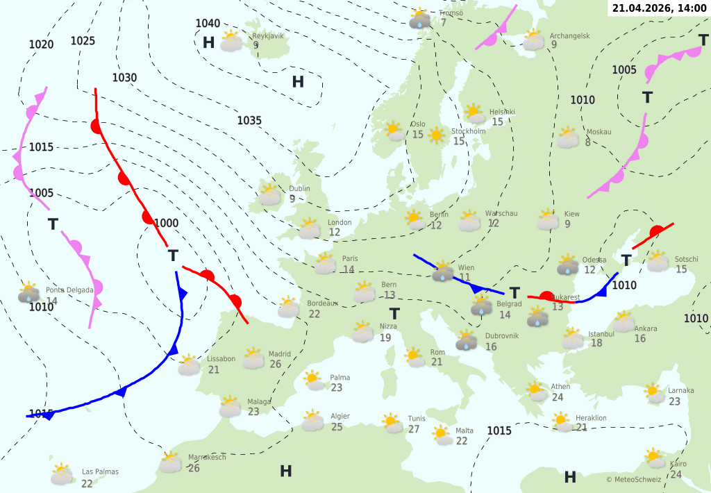 Wetter am Dienstag, 21.04.2026: sonnig, morgens Frost, 15–20 Grad, mässige Bise
