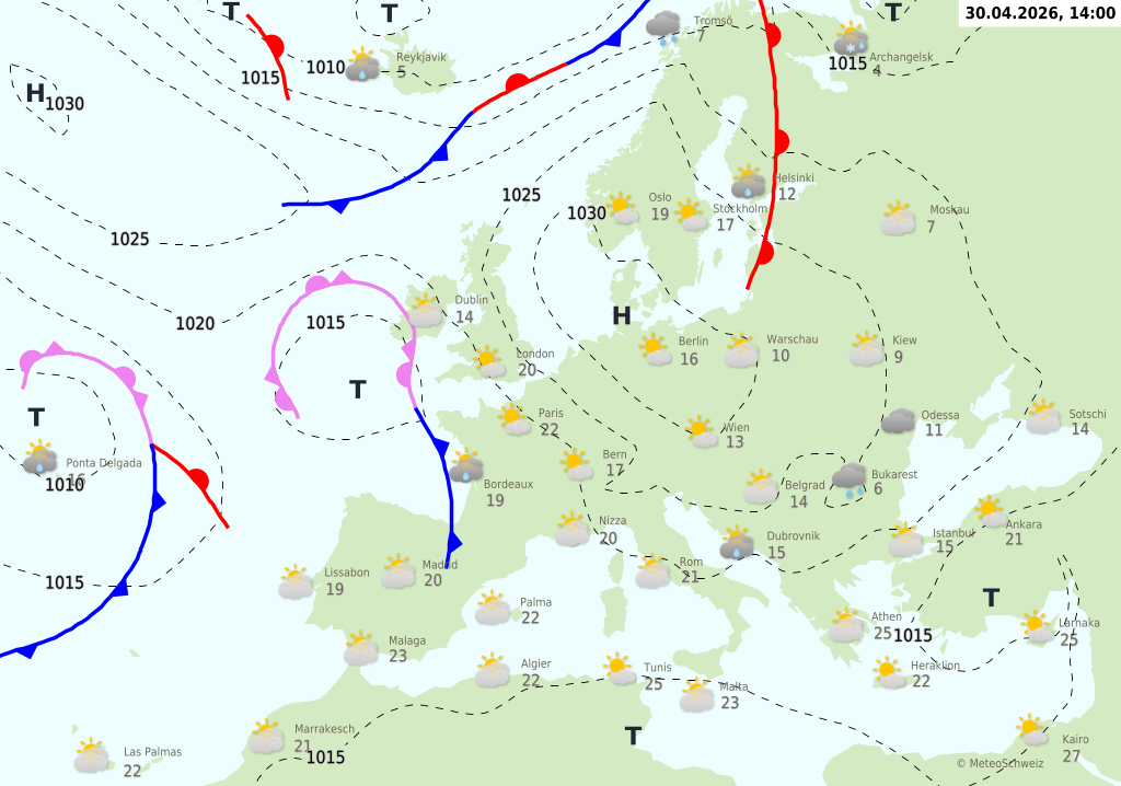 Wetter am Donnerstag, 30.04.2026: Sonnig mit Bise, Schauer in den Alpen möglich