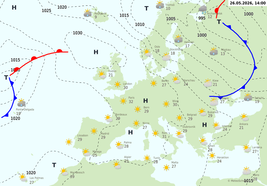 Wetter am Dienstag, 26.05.2026: Sonne bis 32 Grad, lokale Gewitter über den Bergen