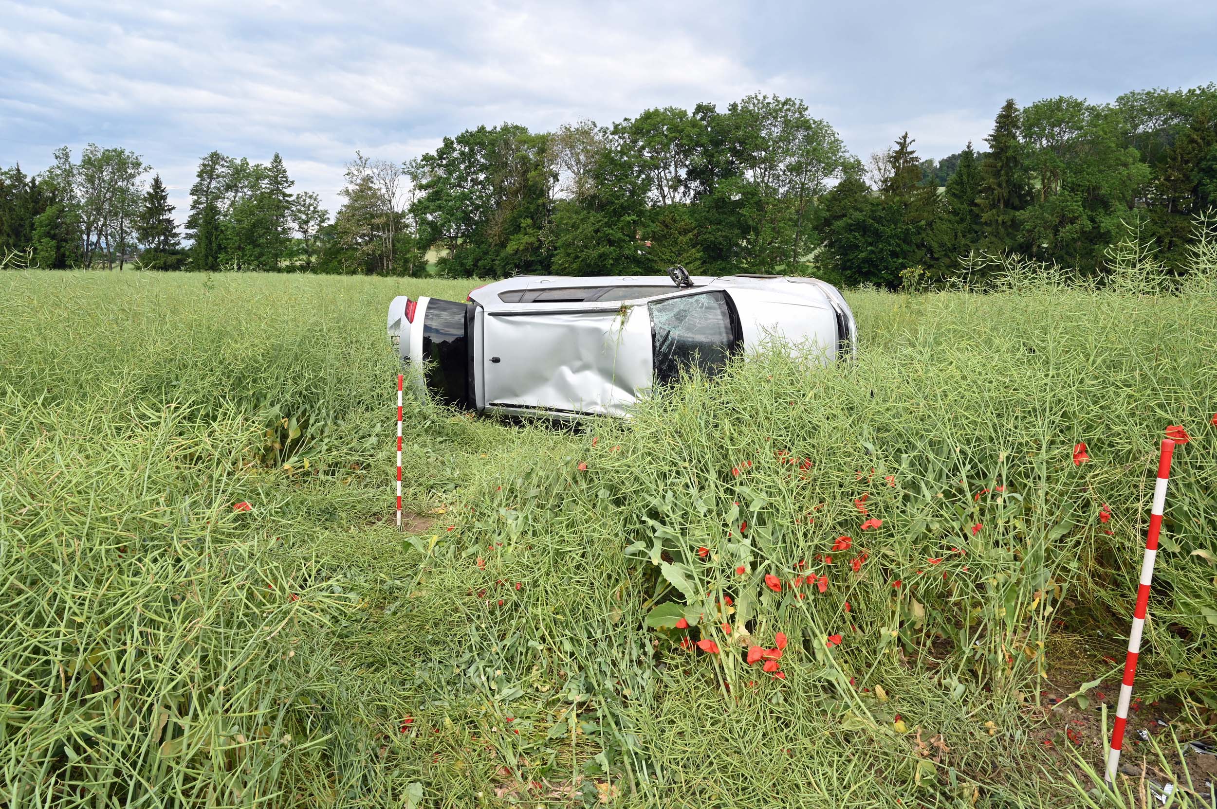 Gunzwil LU: Auto schiesst über Böschung und überschlägt sich mehrfach im Wiesland